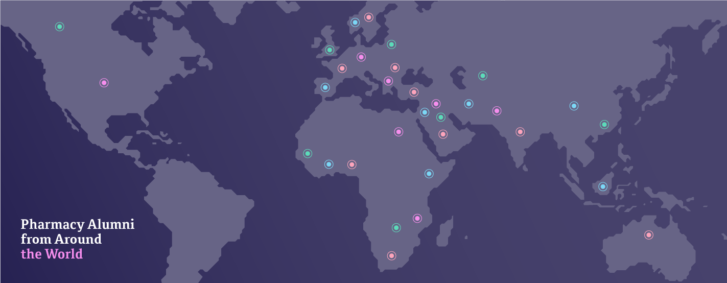 一幅世界地图显示了我们药房校友的位置